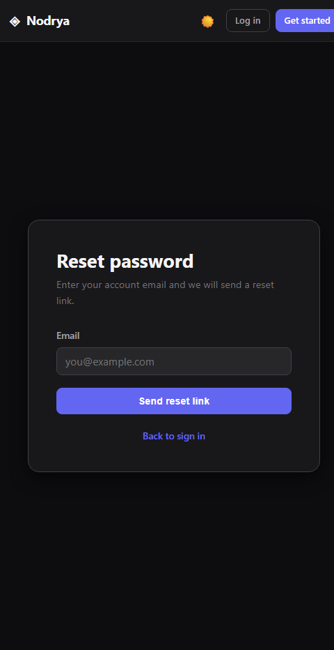 Nodrya password reset request form on mobile