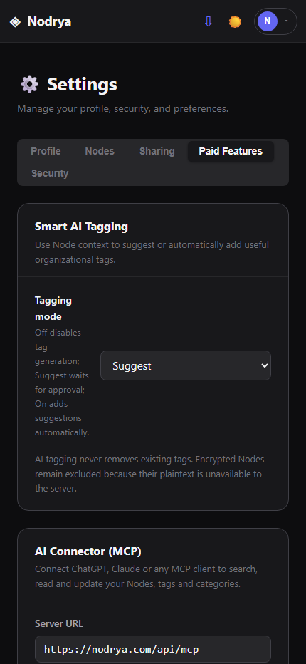 AI Connector URL and token controls in Nodrya Settings