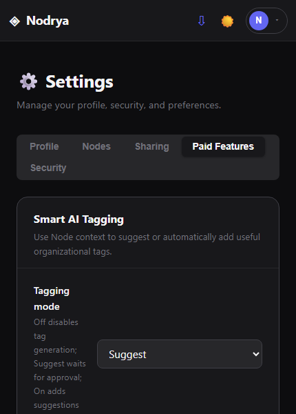 Smart AI Tagging mode in Nodrya paid-feature settings