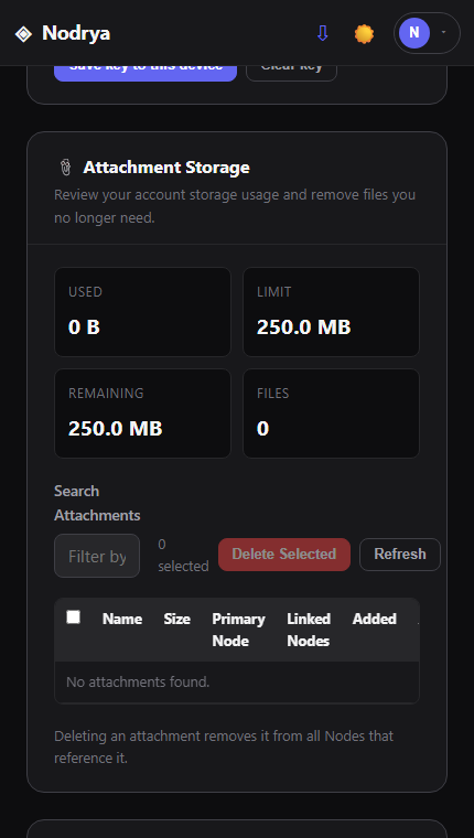 Attachment Storage usage and file controls in Nodrya Settings