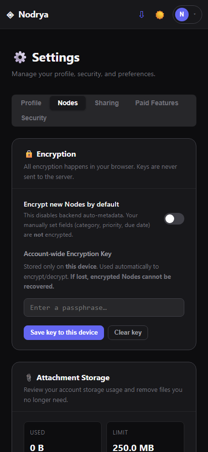 Browser encryption preferences in Nodrya Node settings