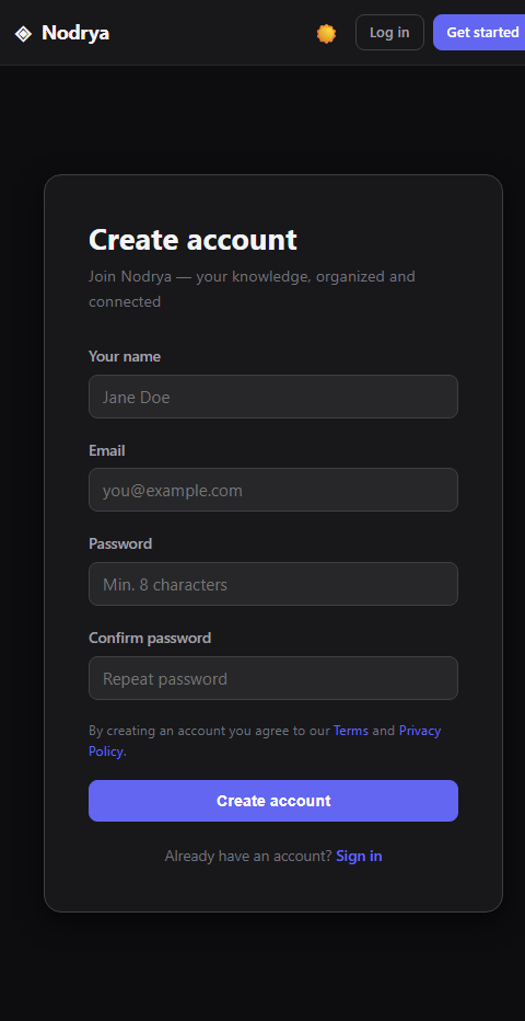 Nodrya account signup form on mobile